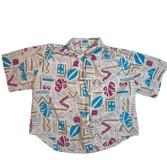 Vintage Koret Top Women Large Petite Wild Funky 80s Abstract 90s Button Up Shirt - Picture 1 of 8